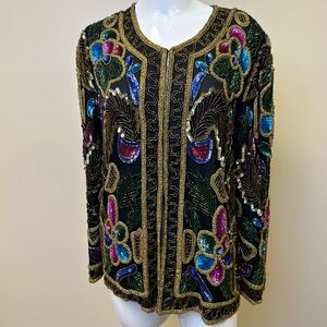 Vintage Heavily Beaded Sequin Cardigan Formal Jacket Large